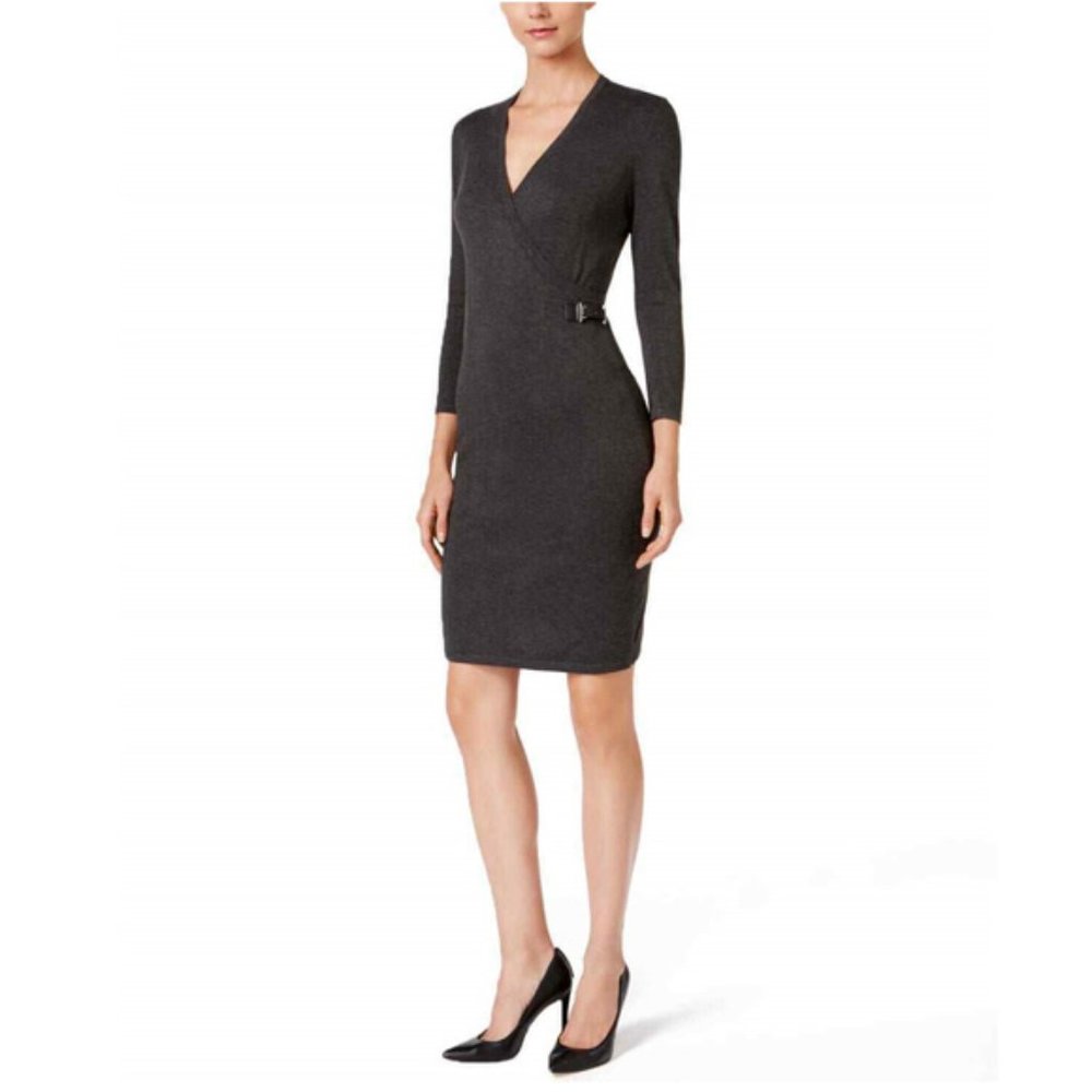 Calvin Klein Womens Buckle Faux-Wrap Sweater Dress Size L